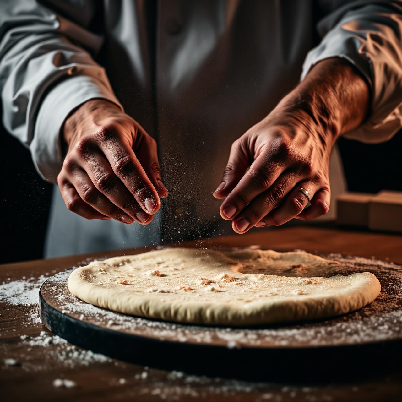 Pizzaiolo che lavora l'impasto